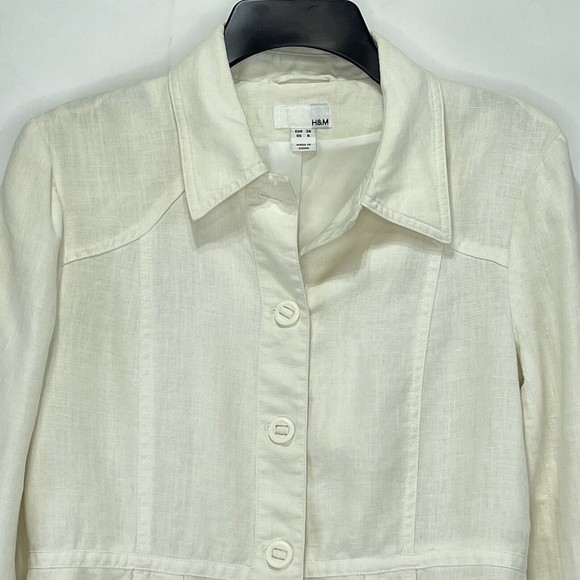 H&M Womens Jacket Blazer Sz 6 Linen Beige Button Front Long Sleeve - Picture 5 of 16